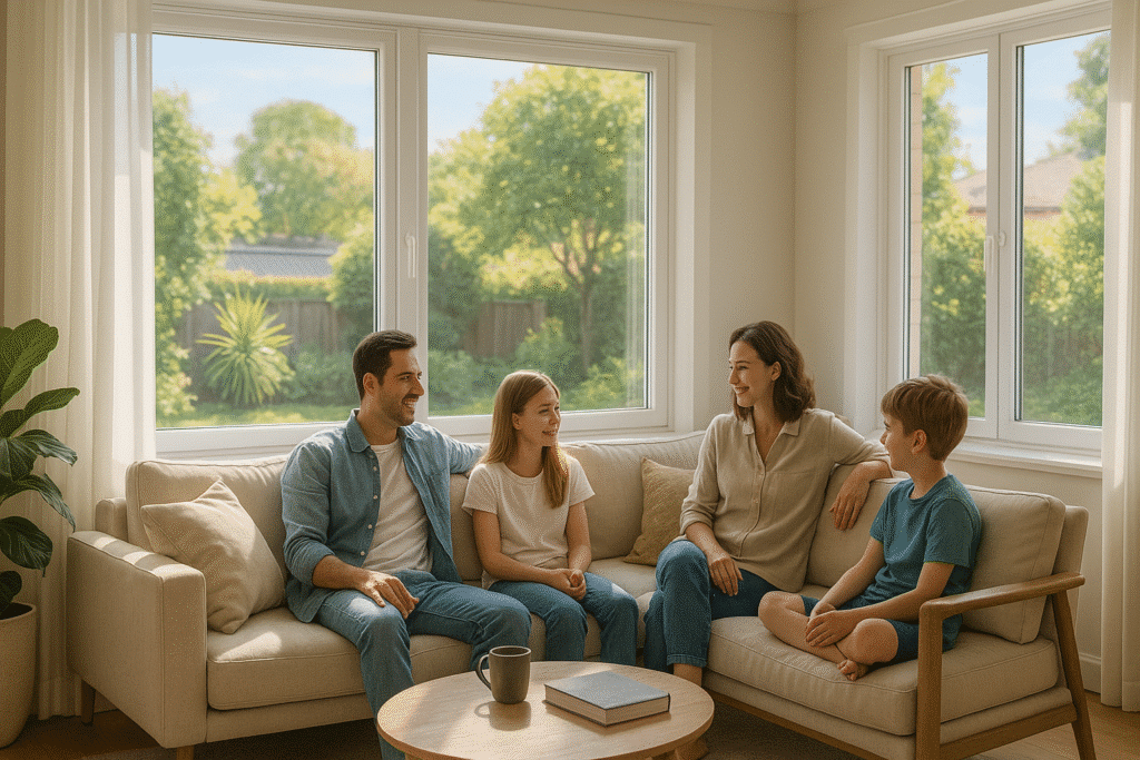 Who’s Really Installing Your Glazing? (Why It Matters More Than You Think) 3 Happy family in the living room with professionaly glazed windows