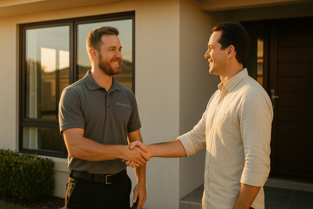 Who’s Really Installing Your Glazing? (Why It Matters More Than You Think) 2 Satisfied customer shaking hands with a Winsulation glazier