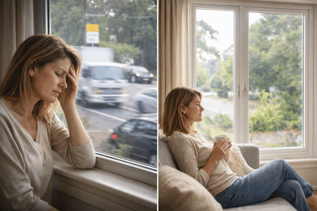 Questions to Ask Before You Get a Secondary Glazing Quote 2 Before-and-after comparison showing noise reduction and comfort improvement with secondary glazing.