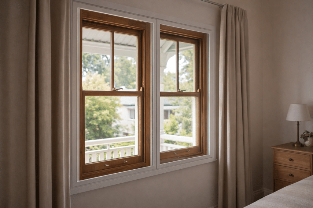 Secondary Glazing for Heritage and Character Homes in Brisbane 1 Interior view of original timber window with internal secondary glazing fitted discreetly behind it.