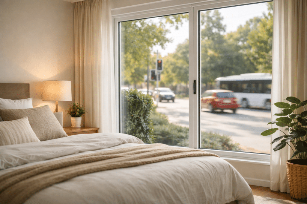 Can Double Glazing Increase Home Value in Brisbane? Here’s What We See 1 Bedroom with double glazed windows reducing traffic noise in a busy Brisbane suburb.