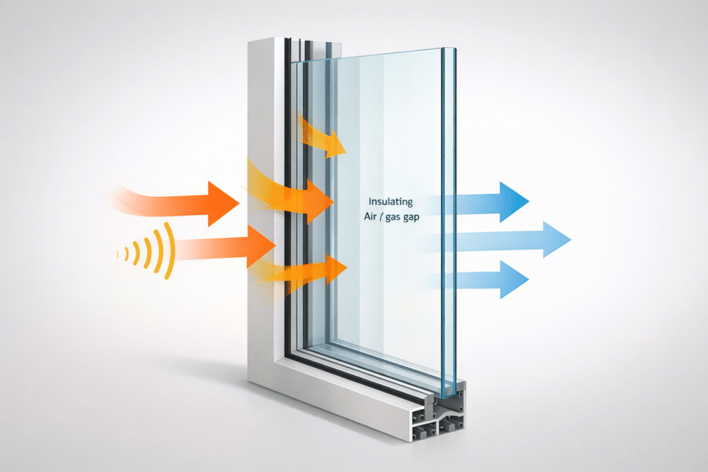 Double Glazed Doors: A Simple Way to Improve Indoor Comfort 1 Cutaway illustration showing how double glazed doors reduce heat and sound transfer through an insulated air gap.