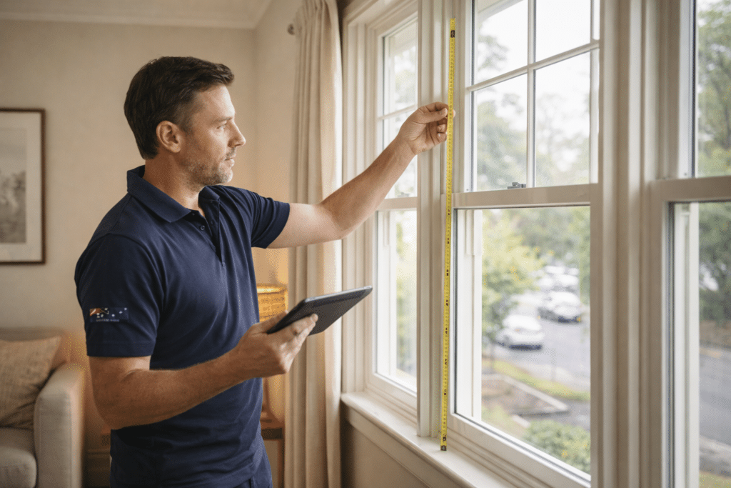 Questions to Ask Before You Get a Secondary Glazing Quote 1 Glazing specialist measuring an existing window during a professional secondary glazing assessment.