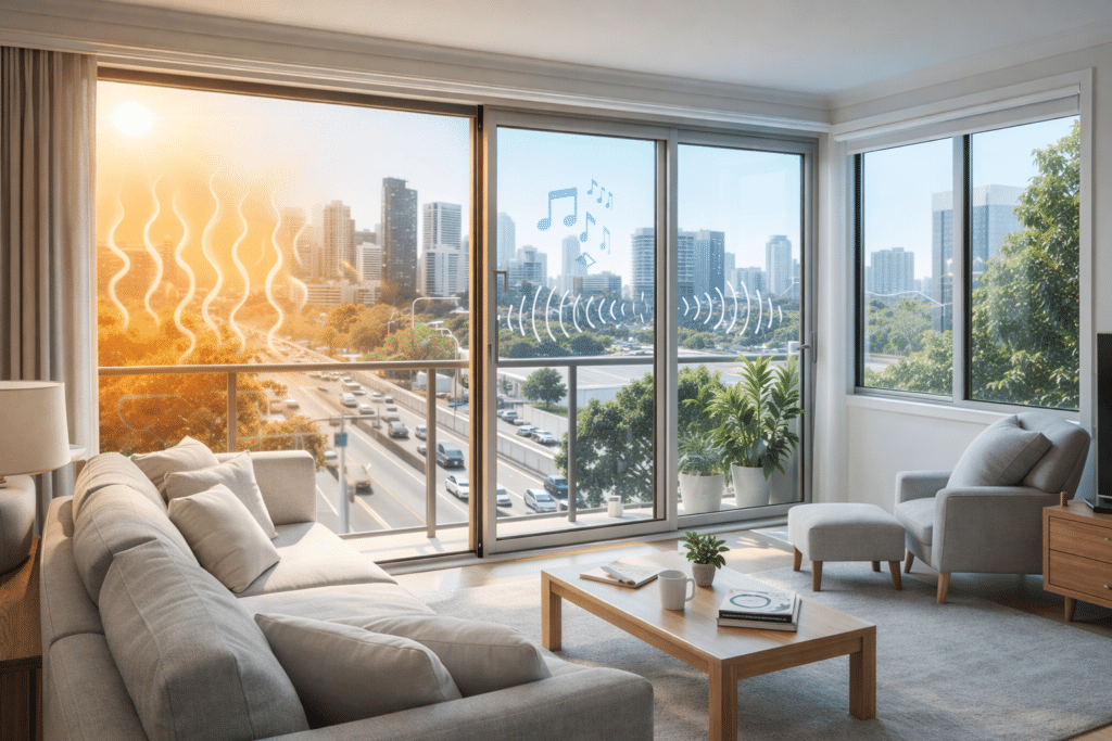 Why Proper Seals Make or Break Double Glazing Performance 1 Comfortable Brisbane living room protected from outdoor heat and noise by properly sealed double glazed windows.
