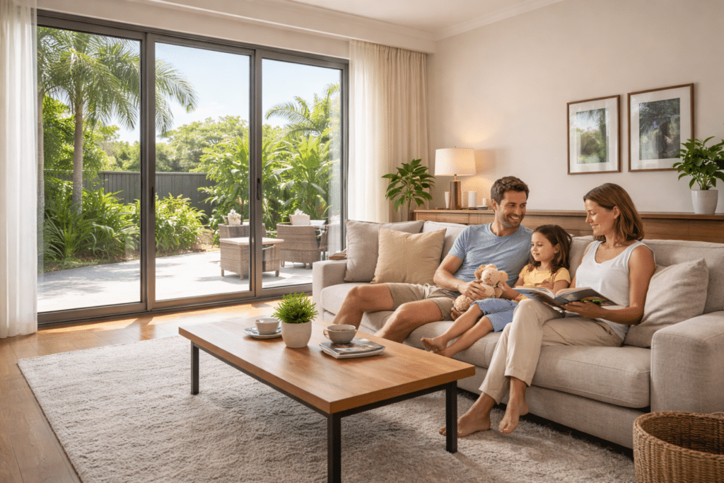 Does Double Glazing Actually Work in Brisbane’s Heat? What to Expect 2 Quiet and comfortable living room showing the noise reduction and calm created by double glazed windows.