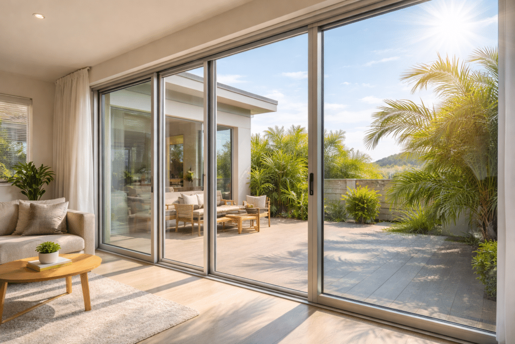 Why Proper Seals Make or Break Double Glazing Performance 3 Sliding glass doors exposed to strong sunlight and weather conditions that test window seal durability.