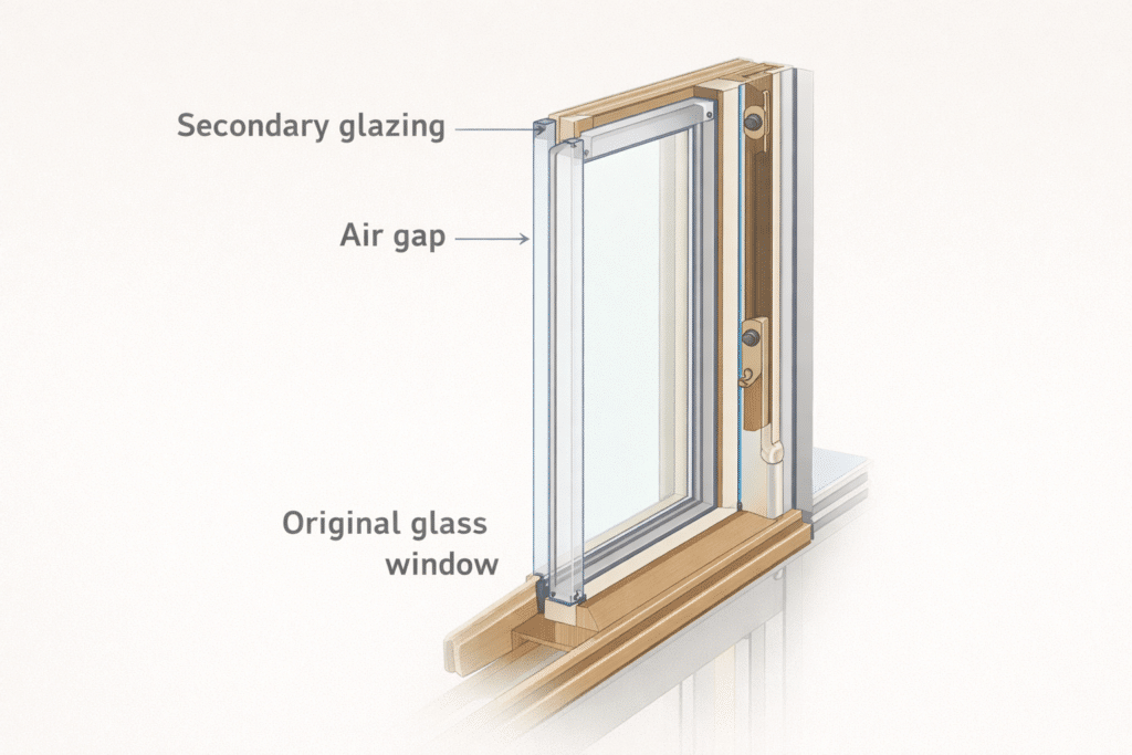 Secondary Glazing for Timber and Sash Windows: What You Need to Know 1 Cutaway illustration showing secondary glazing installed inside an existing timber sash window with an insulating air gap.