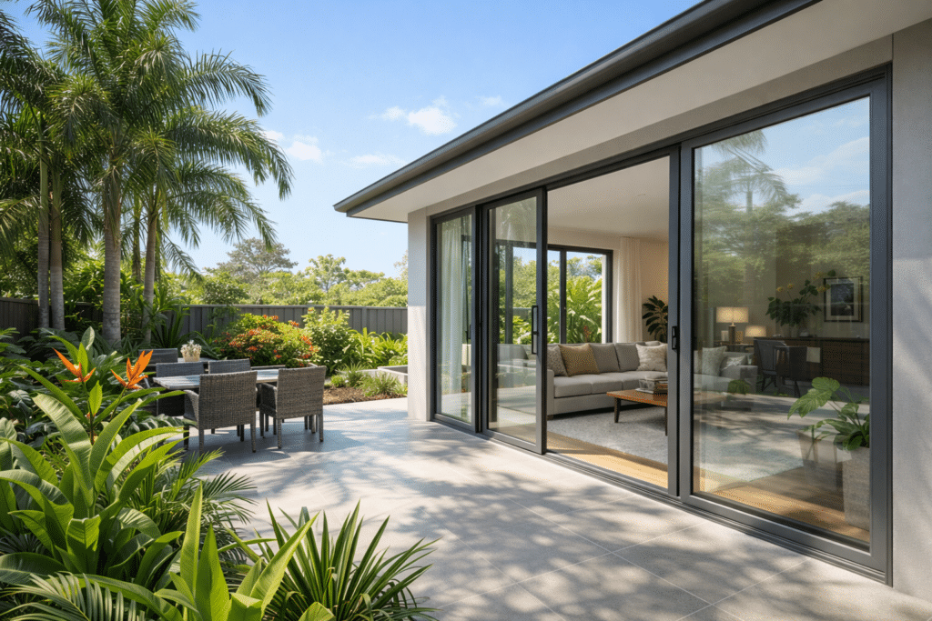 Does Double Glazing Actually Work in Brisbane’s Heat? What to Expect 3 Brisbane home featuring large aluminium framed sliding double glazed doors designed for heat control and comfort.