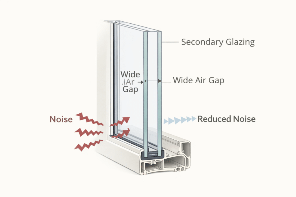 Can Secondary Glazing Reduce Noise Better Than Double Glazing? 1 Diagram showing how a wide air gap in secondary glazing reduces sound transmission.