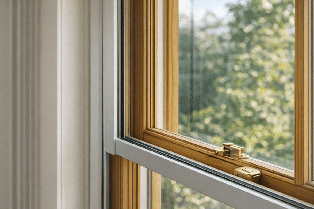 Secondary Glazing for Timber and Sash Windows: What You Need to Know 2 Close-up view of slim secondary glazing discreetly fitted inside a traditional timber sash window.