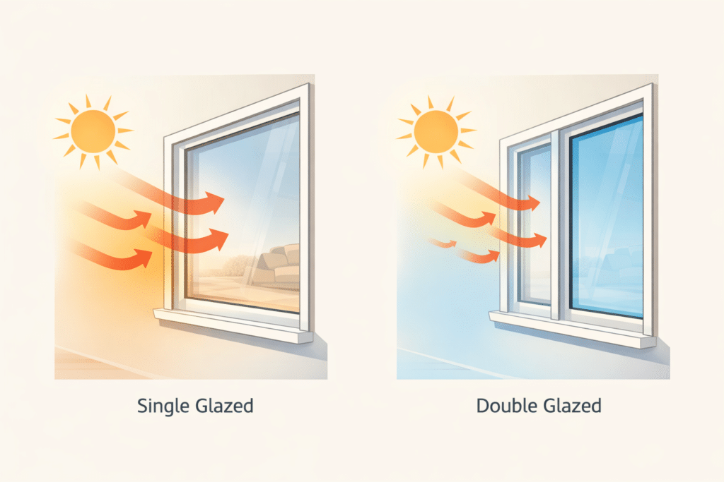 Does Double Glazing Actually Work in Brisbane’s Heat? What to Expect 1 Illustration showing how heat transfers through single glazing compared to reduced heat flow through double glazing.
