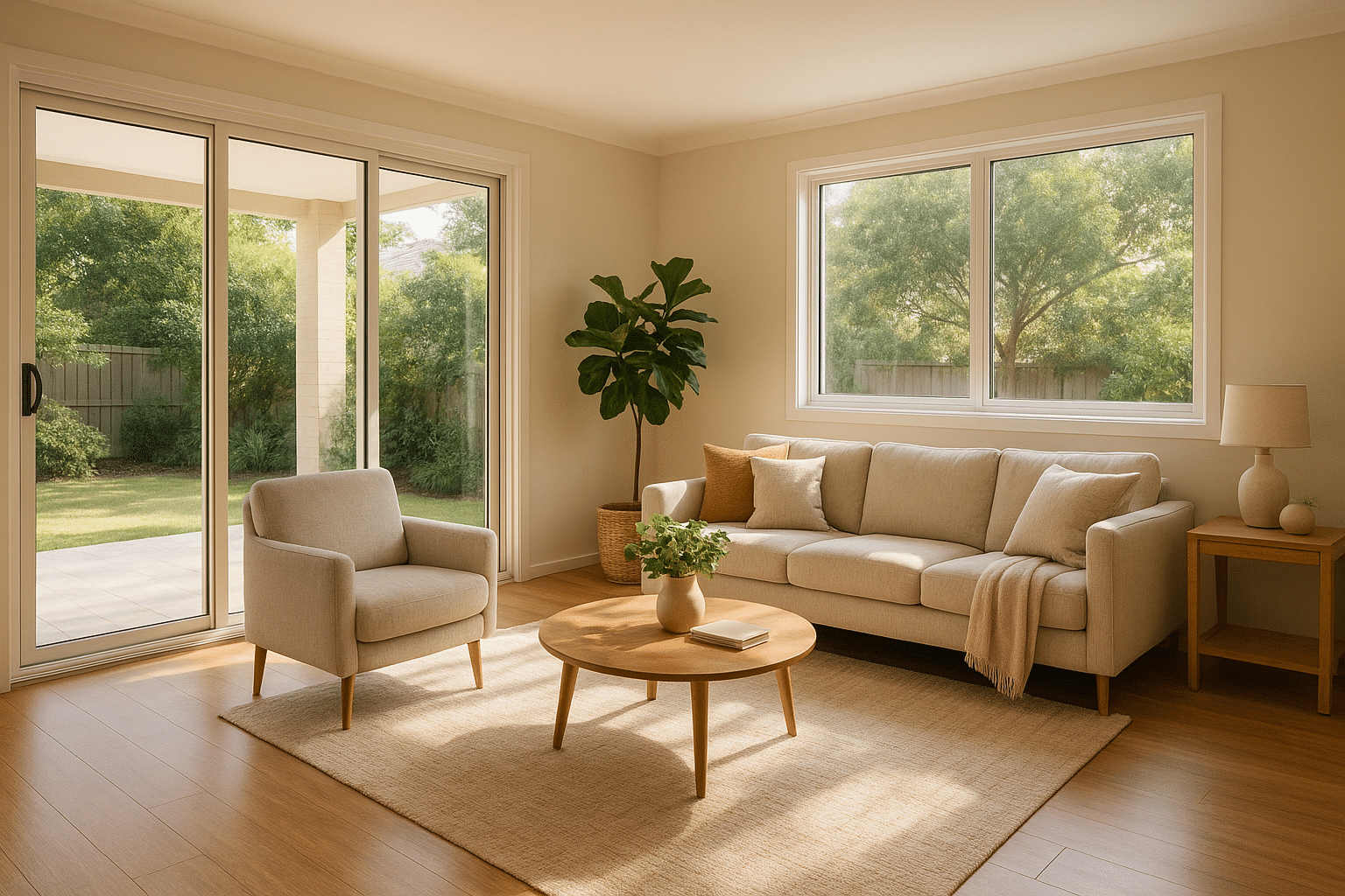 The view of a living room with glazed windows and doors