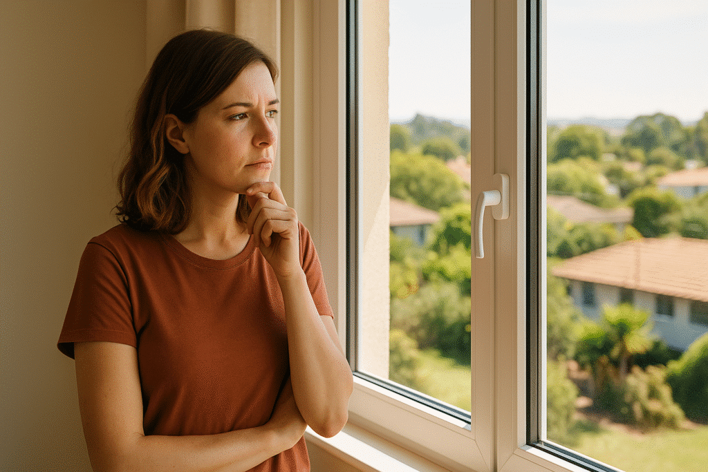 Lady staring at the window wondering about glazing