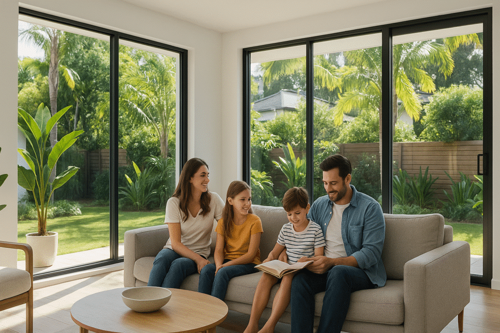 Family enjoying in the living room with double glazed windows and doors