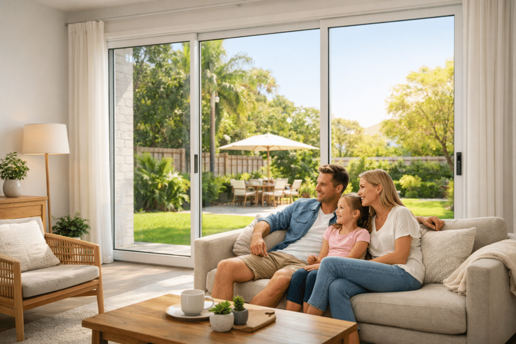 Modern Brisbane living room with double glazed sliding doors creating a quiet, comfortable indoor environment.