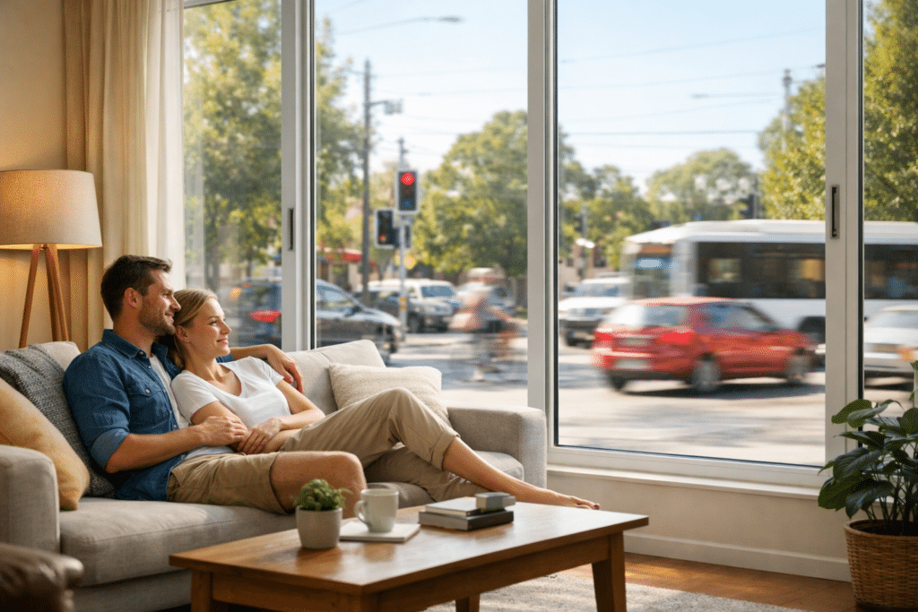 Double glazed windows creating a quiet, comfortable living room despite traffic outside in a Brisbane home.