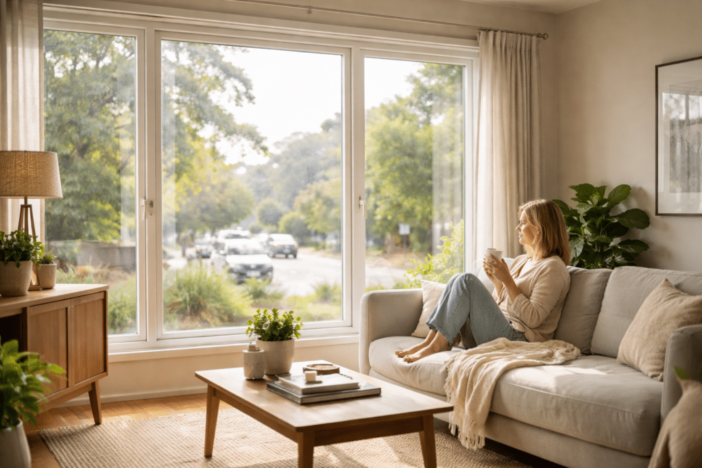 Questions to Ask Before You Get a Secondary Glazing Quote 1 Peaceful Brisbane living room with secondary glazing reducing outside noise and improving comfort.