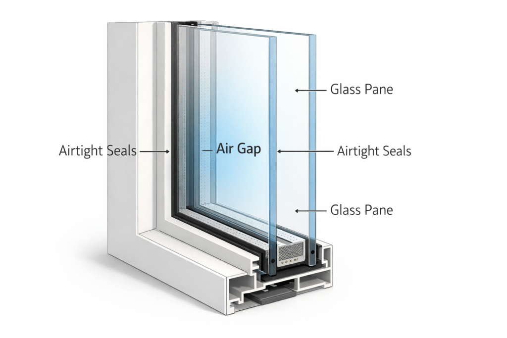Cutaway view of a double glazed window showing how seals create an airtight barrier between glass panes.