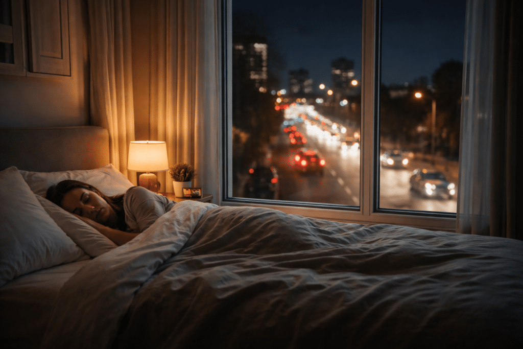 Peaceful bedroom interior protected from street noise by effective window glazing.