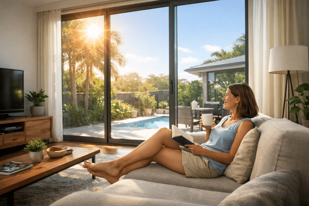 Modern Brisbane home showing cool indoor comfort protected from harsh summer heat by double glazed windows.