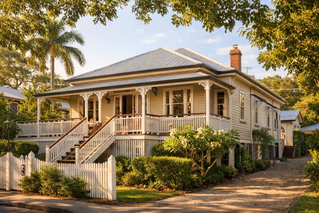 Traditional Brisbane Queenslander home featuring original timber sash windows in a leafy suburban setting.